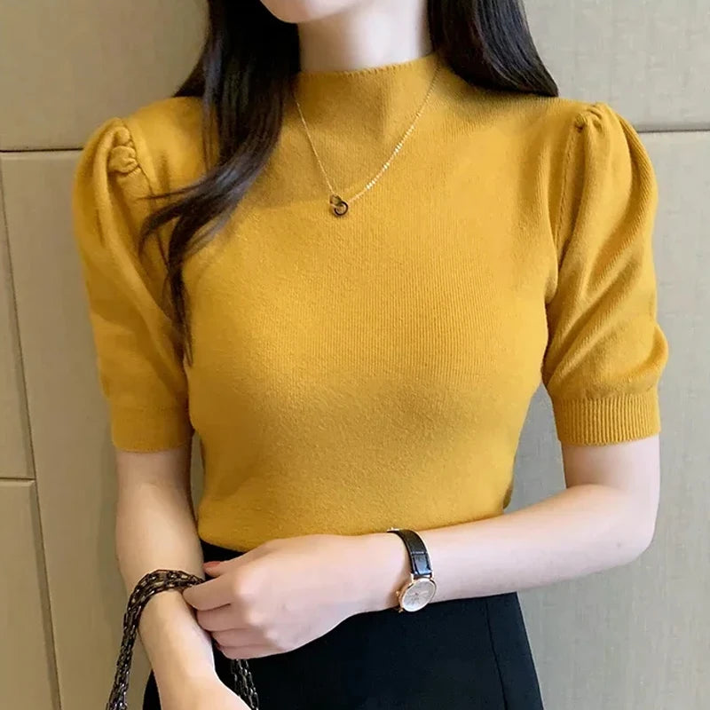 Spring Summer Half Turtleneck Knitted Shirt Casual Fashion Elegant Simple Tops Slim Fit Solid Pleated Puff Short Sleeve Blouse