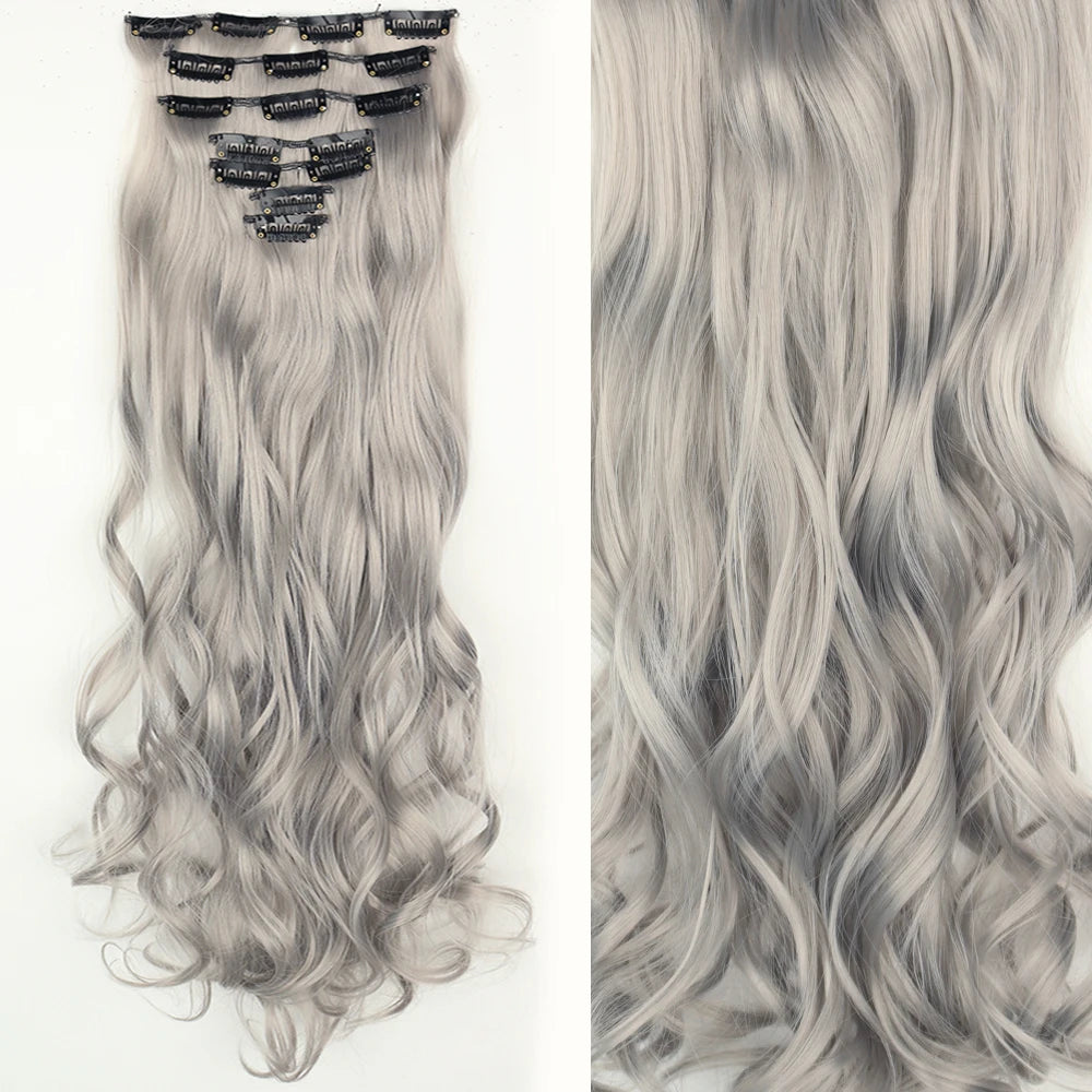 Long Straight Hairstyle 16 Clips 7Pcs/Set Hair Extensions Natural Synthetic Blonde Black Hairpieces Heat Resistant For Women