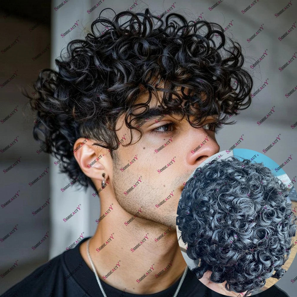 Men 26mm Natural Curly Human Hair Toupee Hair Replacement Capillary Prosthesis 100% Human Hair Durable skin Base Poly Easy Wear