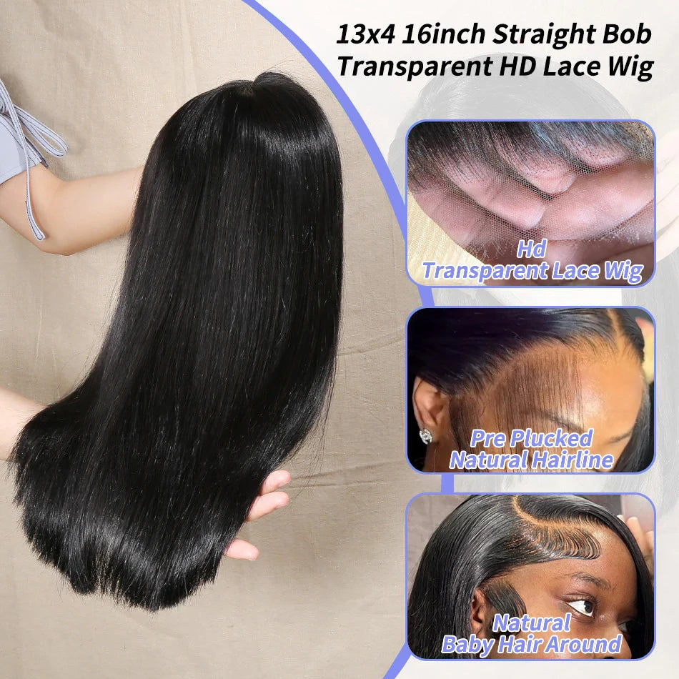Vietnamese Bone Straight Bob Human Hair Short Wig Hair 13x4 Lace Frontal Bob Wig 100% Human Hair Preplucked Wig 12 14 inch 200%