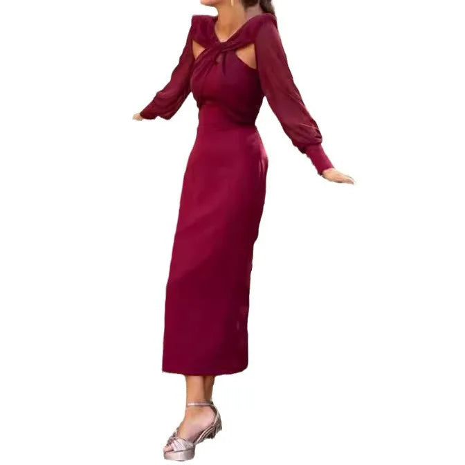 Women's Dresses Autumn Fashion Spliced Hollow Sexy Backless Solid Color Loose Long Sleeve Long Skirt Elegant Party Dress