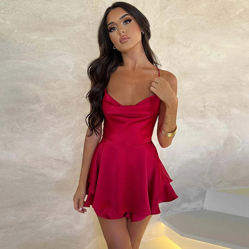 2024 Summer New Sexy Slim Fit and Slim Off Back Solid Color Suspended Dress and Pants