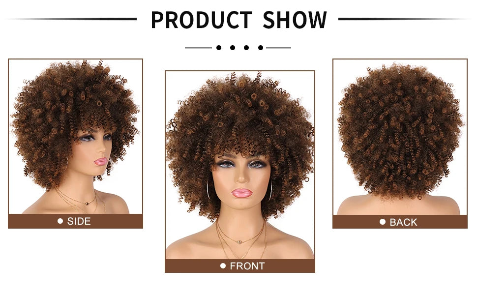 Tereshar Synthetic Short Curly with Bangs for Black Women 8 inch Afro Kinky Curly Wig Synthetic Hair Wigs for Daily Party Use