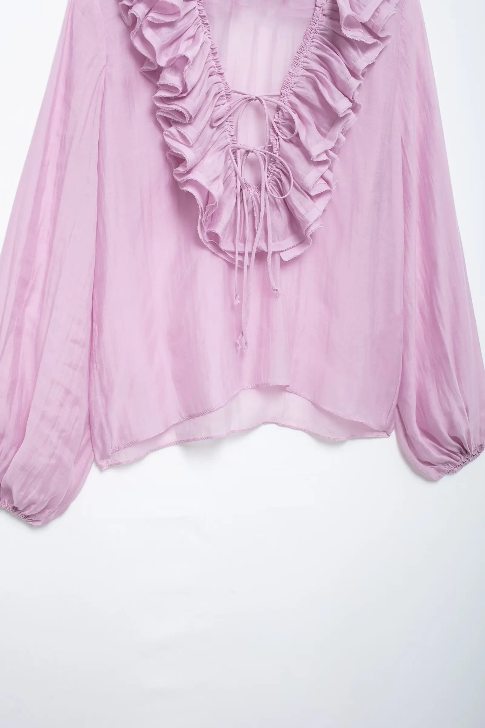 TRAFZA Elegant Women's Tierred Ruffles Blouses V-Neck Long Sleeve Loose Shirt Lady 2025 Spring Chic Lace-up Wild Woman Solid Top