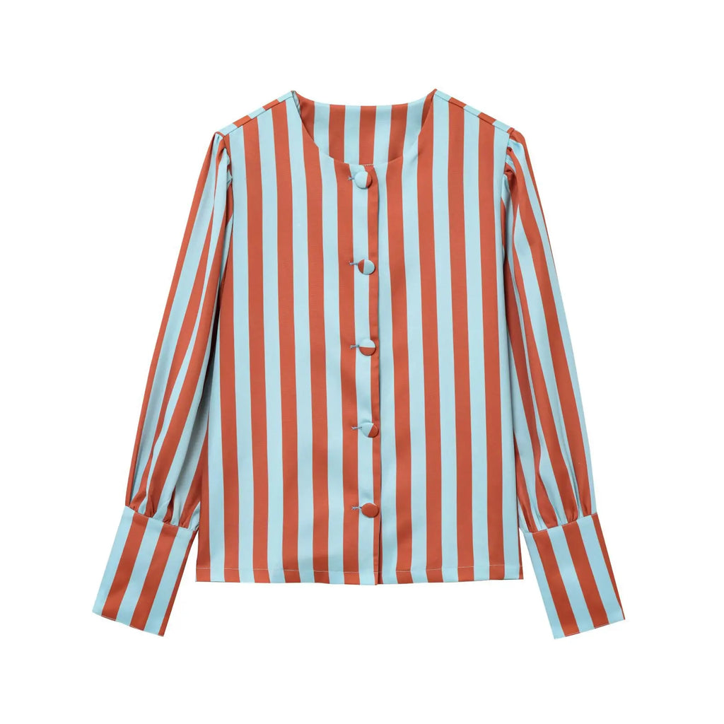 ZBZA Women's Loose Fit Striped Print Shirt O-neck Puff Sleeve Single Breasted Simple Casual Top Spring Summer Female Chic Blouse