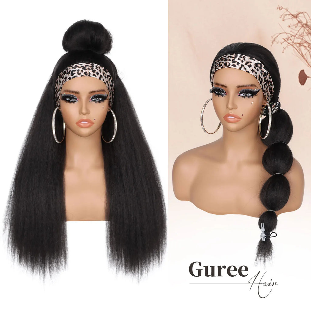 Kinky Straight Headband Synthetic Wig for Women Yaki Straight Wigs with Black Headband Hair Easy to Style No Lace Front No Glue