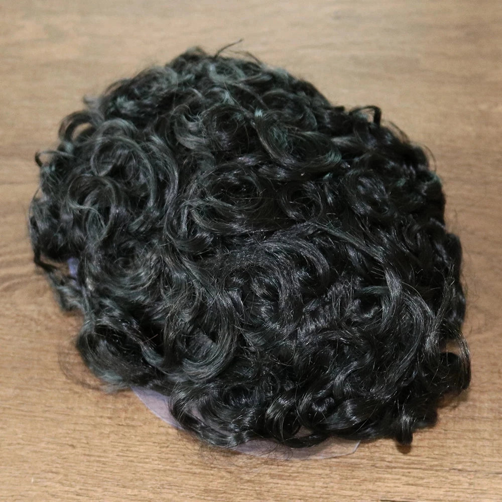 Men 26mm Natural Curly Human Hair Toupee Hair Replacement Capillary Prosthesis 100% Human Hair Durable skin Base Poly Easy Wear