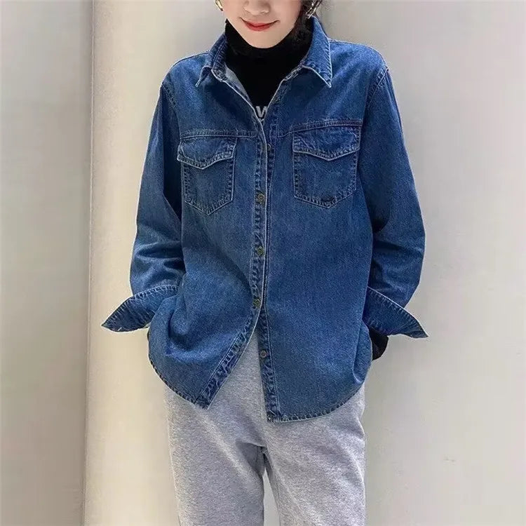 Retro Blue Shirt Denim Shirt for Women Autumn 2025 New Design Shirts Long Sleeved Solid Single Breasted Jeans Jacket for Women
