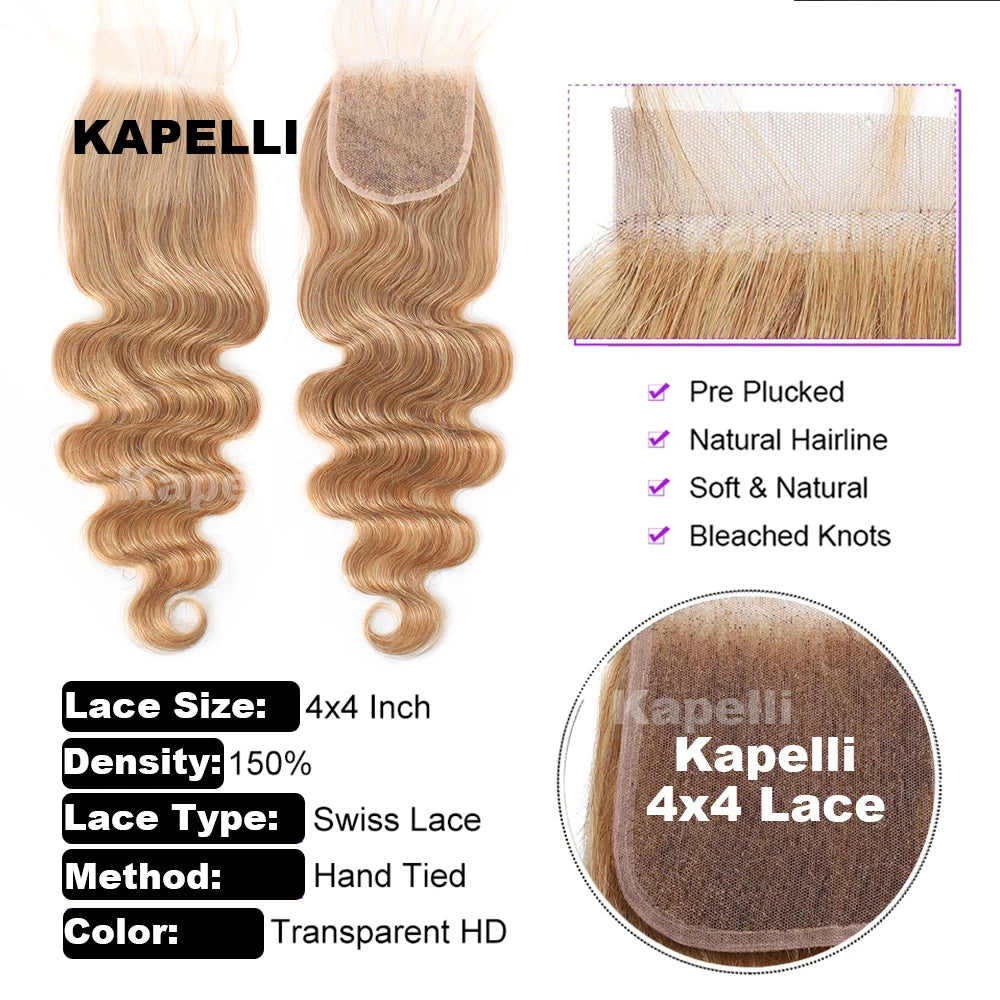#27 Honey Blonde Human Hair Bundles with Closure Body Wave Bundles Hair With 4x4 Closure Brazilian Hair Weave Bundles Hair Remy
