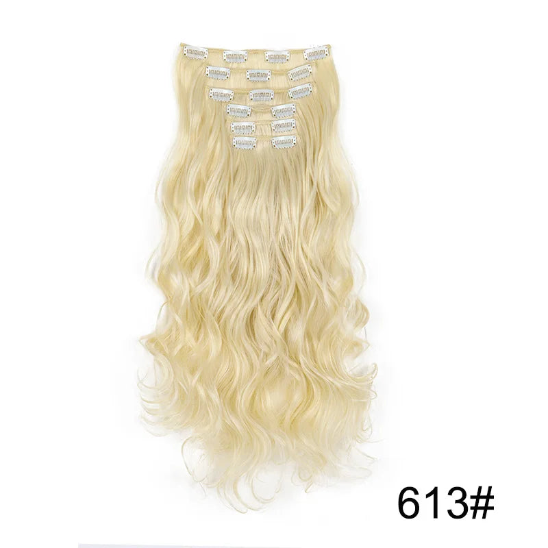16Clips Synthetic 24Inch Long Curly Hair Hairpiece Heat Resistant Hair Extension Clips In Black Brown Blonde for Women