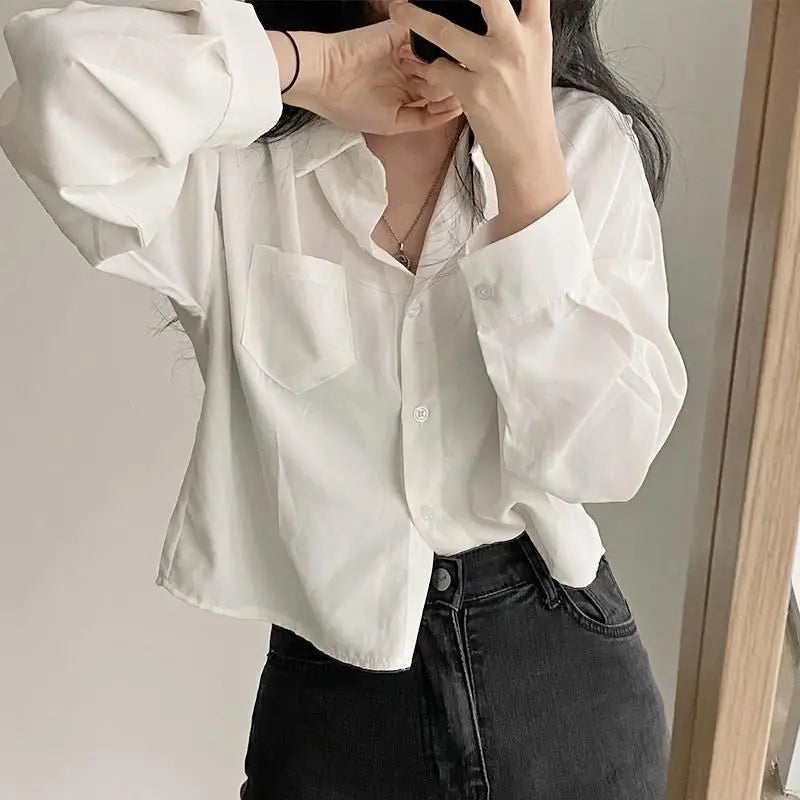 Long Sleeved Shirt And Blouse Simple Single Breasted Loose Casual Solid OL Trend Short Top Simple Elegant Fashion Women Clothes