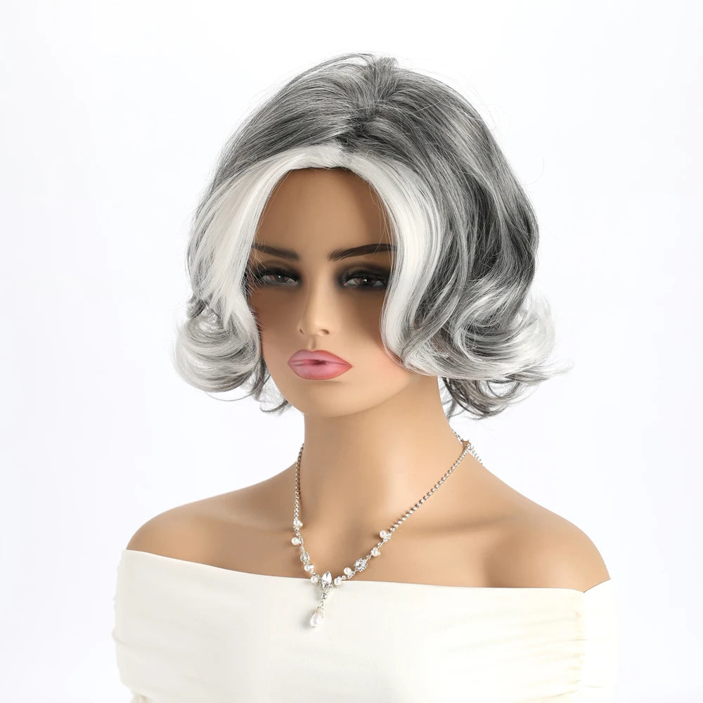 Short Natural Wigs with Bangs Soft Mommy Hair Daily Use Short  Grey Ombre Curly Synthetic Hair Costume Party Wig for Women