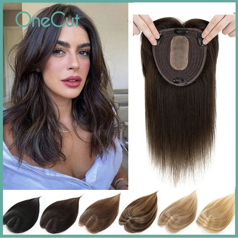 Silk Top Base Swiss Lace Clip In Topper Straight Women Toupee With Bangs Breathable And Soft Real Human Hairpiece Blonde Color