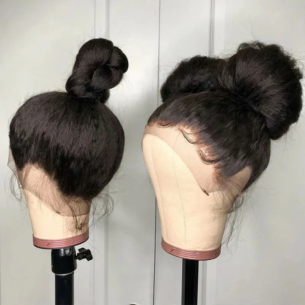 Yaki Straight Invisible Strap Drawstring Snug Fit 360 full lace Glueless Wig Kinky Straight Human Hair 30 Inch Lace Front Wig