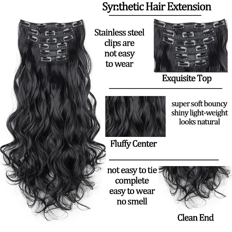 16Clips Synthetic 24Inch Long Curly Hair Hairpiece Heat Resistant Hair Extension Clips In Black Brown Blonde for Women