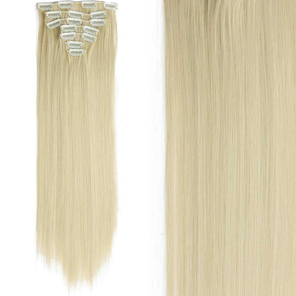 Long Straight Hairstyle 16 Clips 7Pcs/Set Hair Extensions Natural Synthetic Blonde Black Hairpieces Heat Resistant For Women