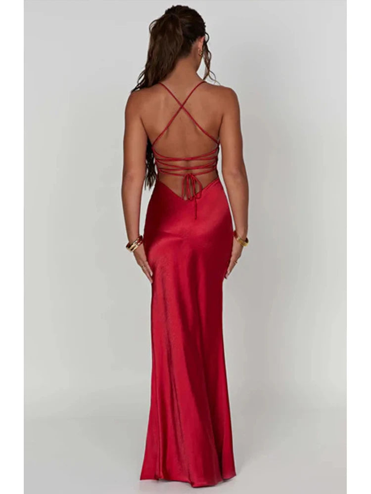 Bandage Backless Elegant Dress Split Hem Spaghetti Strap Slim Cocktail Party Club Fashion Satin Solid Lace-Up Long Dresses