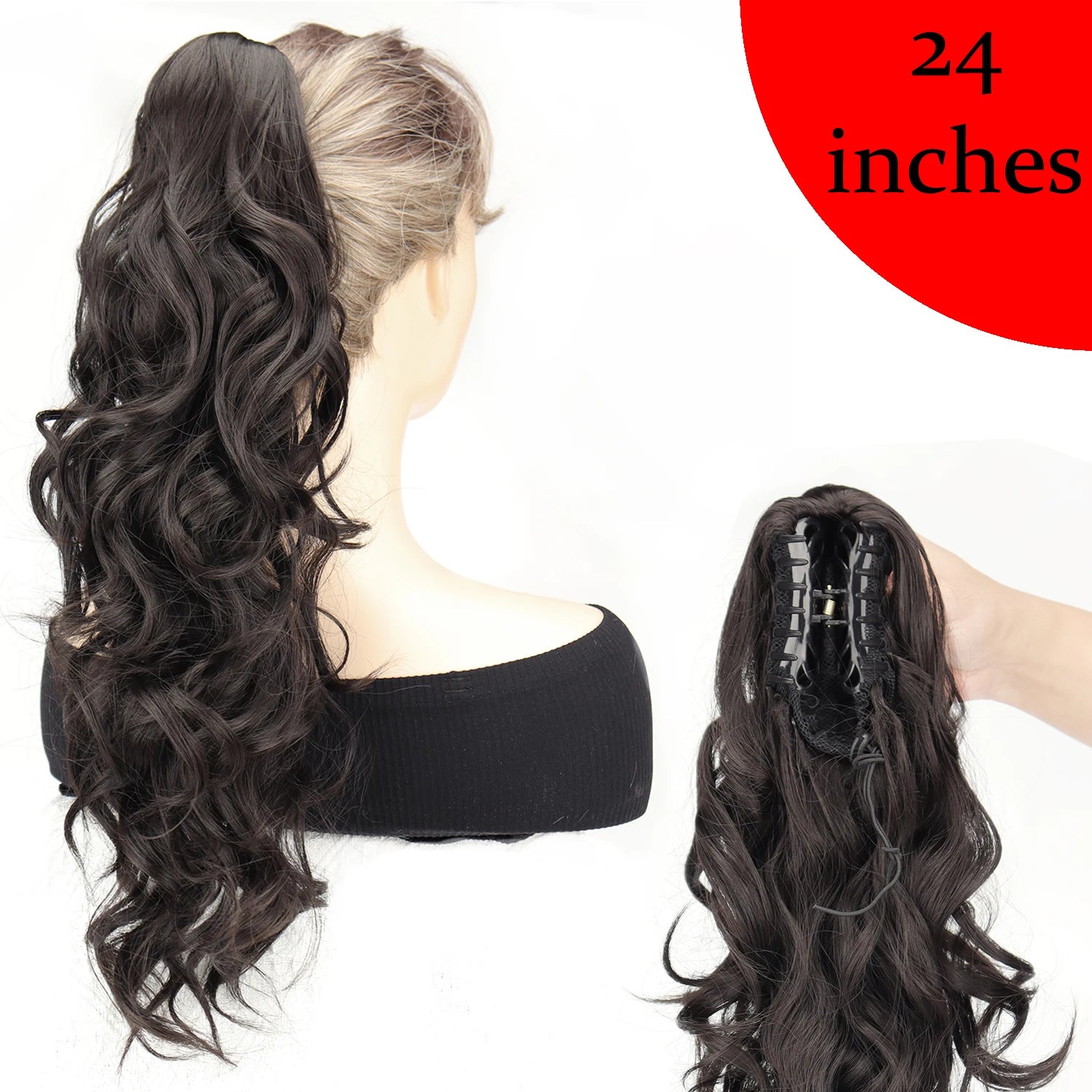 Synthetic Claw Clip Ponytail 18Inch Long Wavy Black Brown Heat Resistant Type Layered Horse Tail  Hair Extension