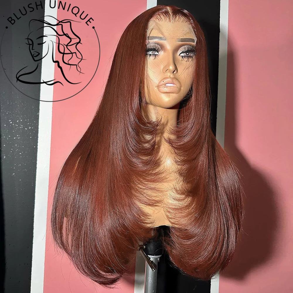 13X6 Dark Burgundy Straight Lace Front Wigs HD Layered Cut Lace Frontal Wig Synthetic Pre Plucked Glueless Lace Wigs For Women