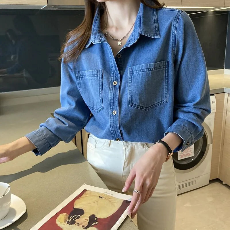Retro Blue Shirt Denim Shirt for Women Autumn 2025 New Design Shirts Long Sleeved Solid Single Breasted Jeans Jacket for Women