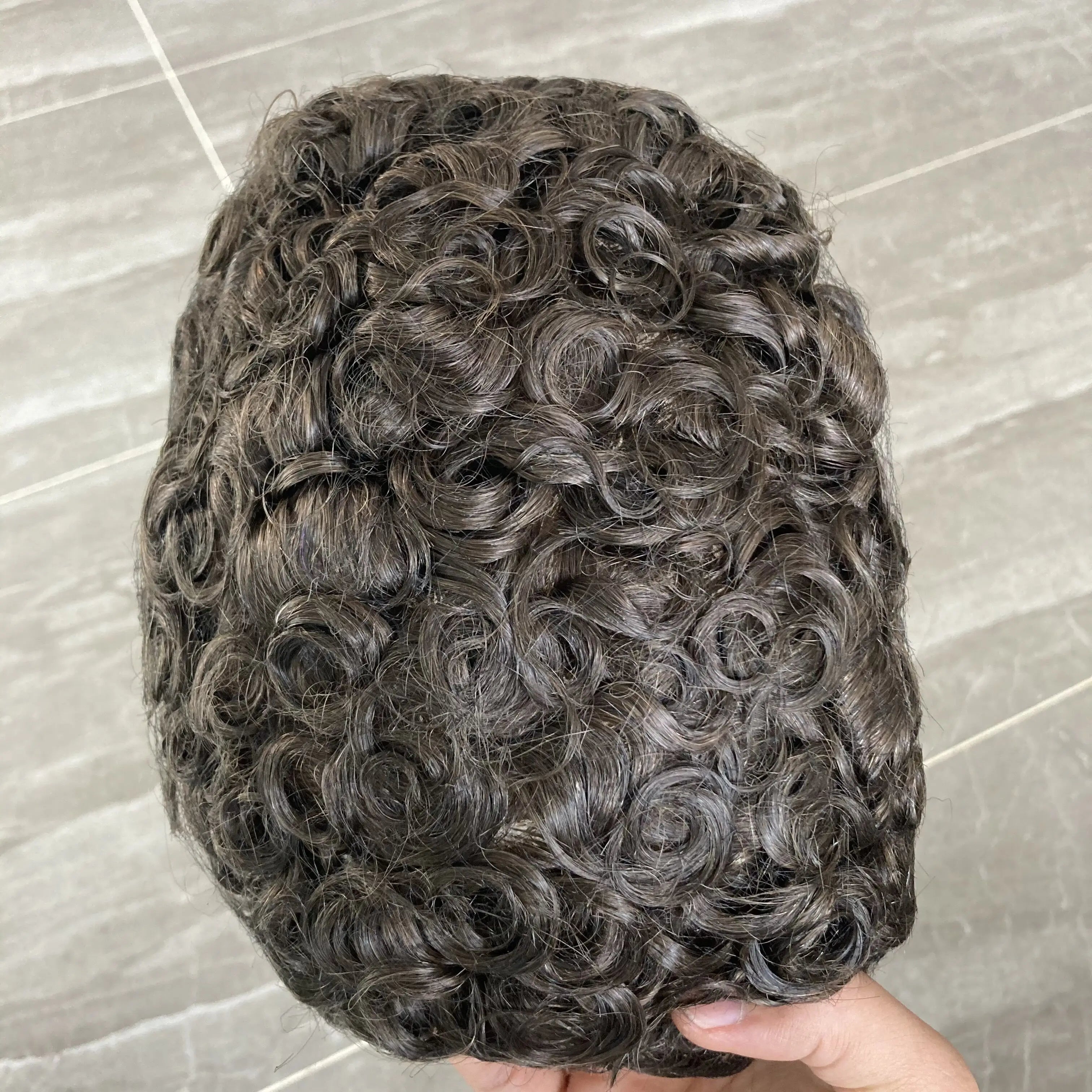 Men 26mm Natural Curly Human Hair Toupee Hair Replacement Capillary Prosthesis 100% Human Hair Durable skin Base Poly Easy Wear