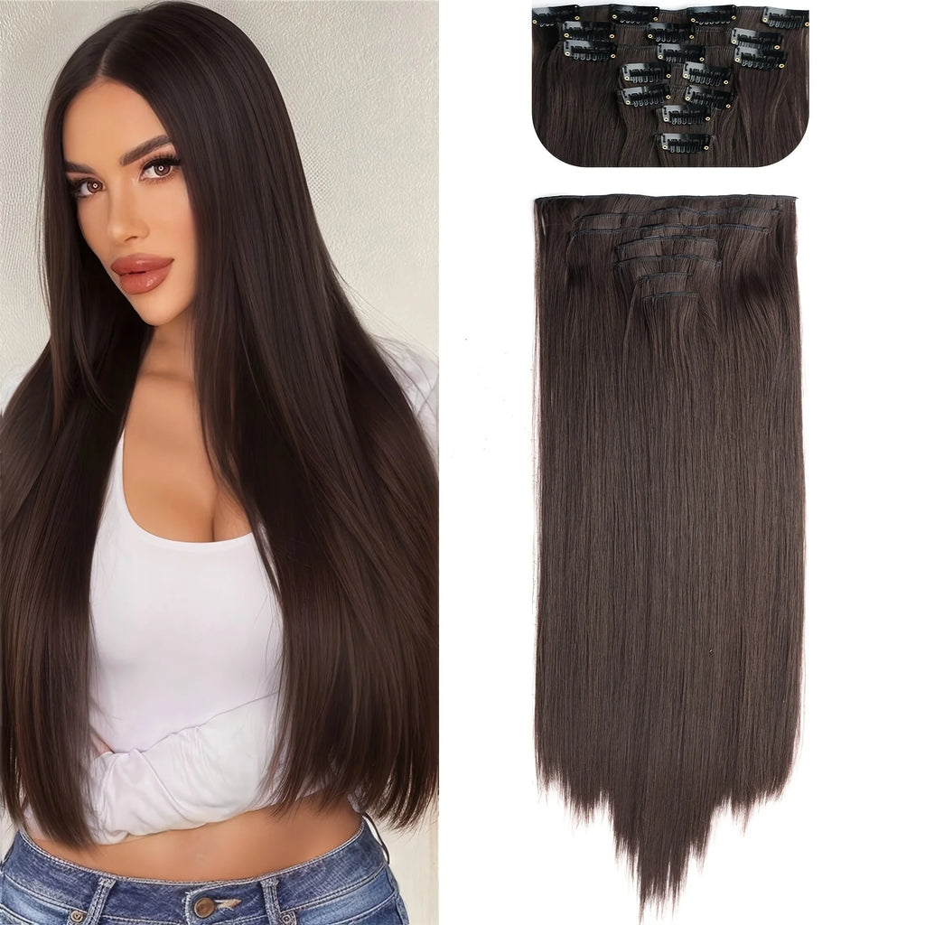 Long Straight Hairstyle 16 Clips 7Pcs/Set Hair Extensions Natural Synthetic Blonde Black Hairpieces Heat Resistant For Women