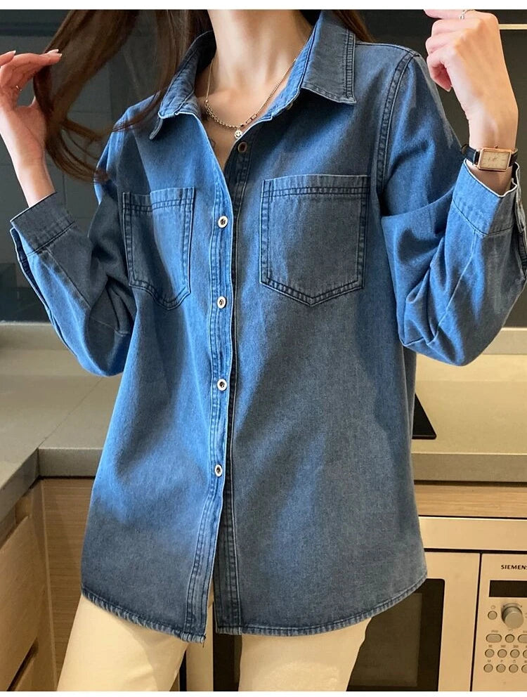 Retro Blue Shirt Denim Shirt for Women Autumn 2025 New Design Shirts Long Sleeved Solid Single Breasted Jeans Jacket for Women