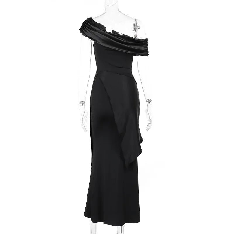 New Party Evening Dresses Elegant Black Slash Neck Maxi Dress For Women Fashion Short Sleeve Bodycon Banquet Vestidos Female