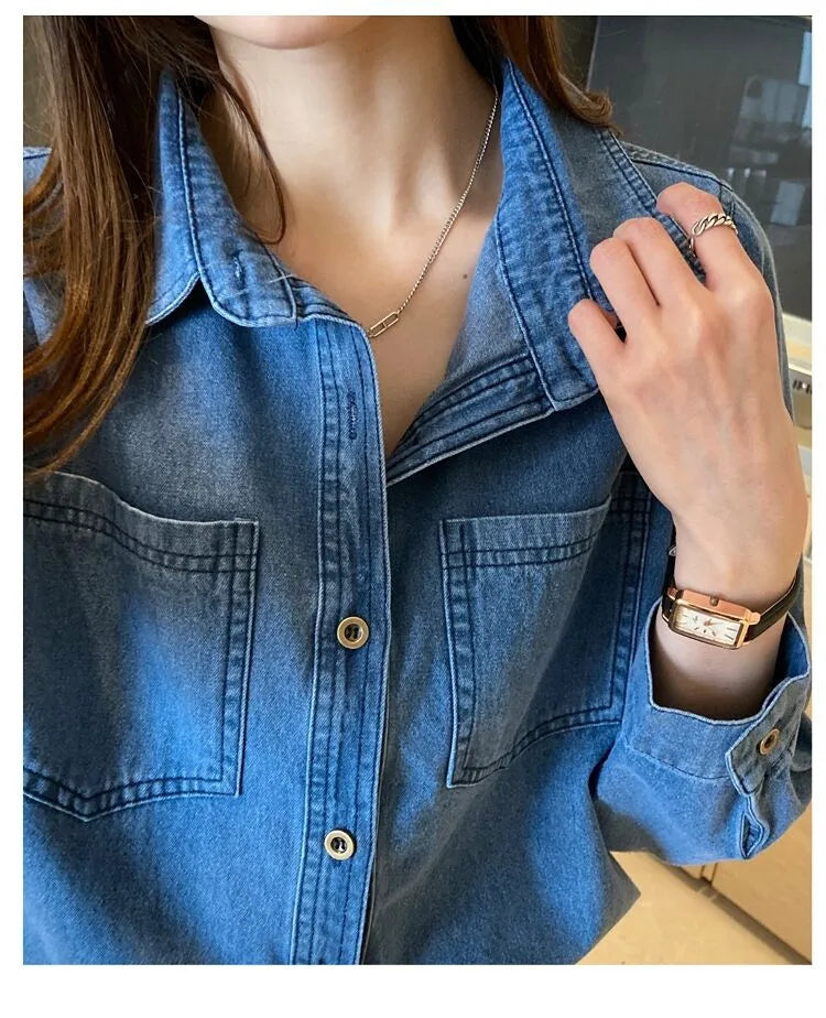 Retro Blue Shirt Denim Shirt for Women Autumn 2025 New Design Shirts Long Sleeved Solid Single Breasted Jeans Jacket for Women
