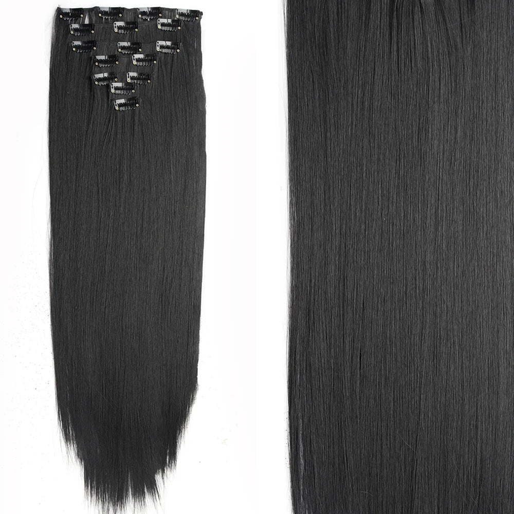 7Pcs/Set 16 Clips Hair Extension Black Long Straight Natural Hair Ombre Hairpiece Heat Resistant Fiber For Women Hairstyle