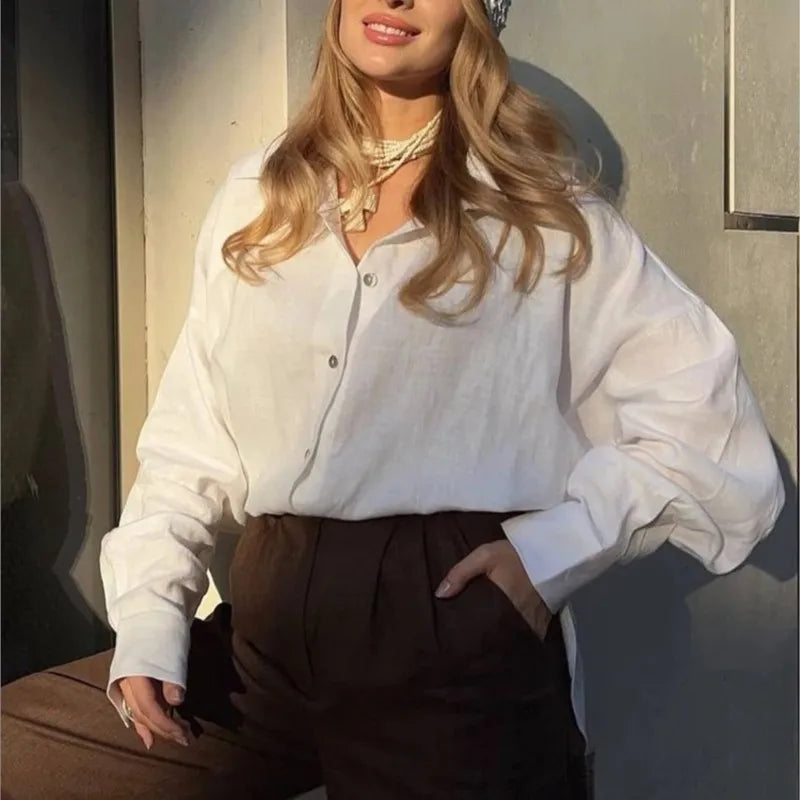 D.Nale K White Women's Shirts Elegant Long Sleeve Loose-Fitting Woman Blouse New Vintage Basic Top Collar Shirt for Women
