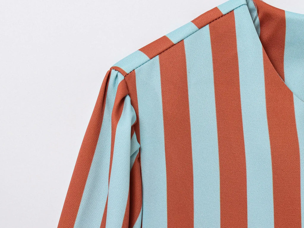 ZBZA Women's Loose Fit Striped Print Shirt O-neck Puff Sleeve Single Breasted Simple Casual Top Spring Summer Female Chic Blouse