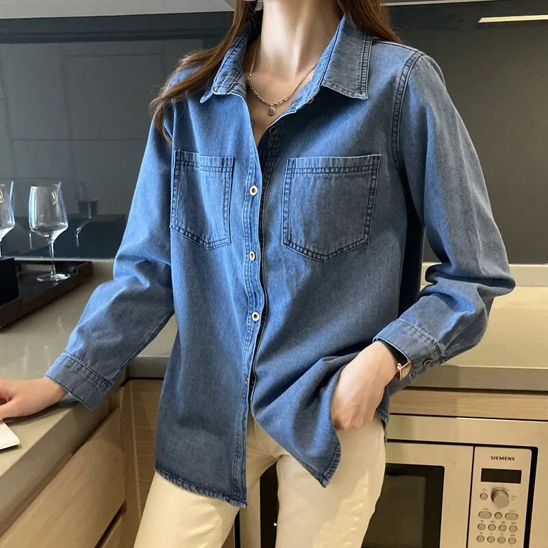 Retro Blue Shirt Denim Shirt for Women Autumn 2025 New Design Shirts Long Sleeved Solid Single Breasted Jeans Jacket for Women