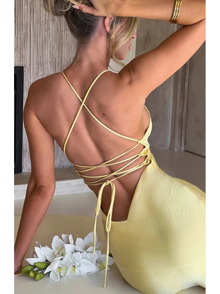 Bandage Backless Elegant Dress Split Hem Spaghetti Strap Slim Cocktail Party Club Fashion Satin Solid Lace-Up Long Dresses
