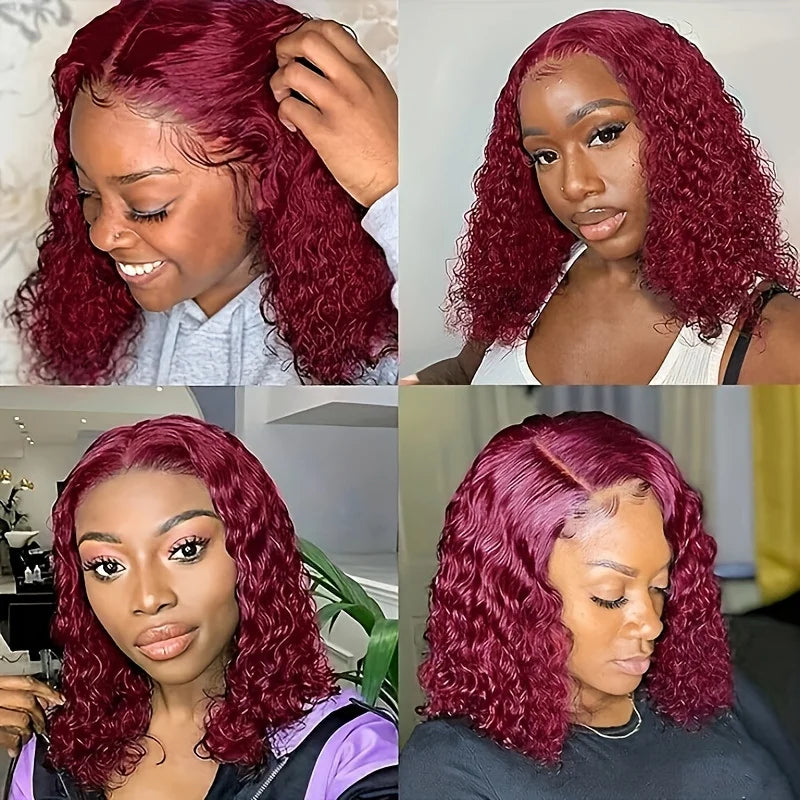 Burgundy 99J Deep Wave Short Bob Wigs 100% Human Hair Wig Water Curly Wig Baby Hair 13x4 Lace Front Human Hair Bob Wig For Women