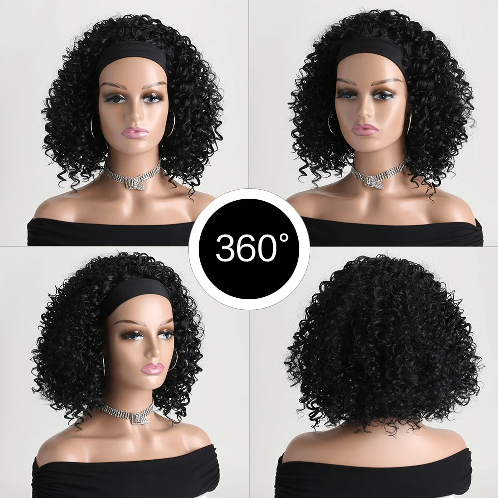 Short Straight Headband Synthetic Natural  Kinky Curly Black  Wigs for Black Women Daily Party Use Heat Resistant Fake Hair ﻿