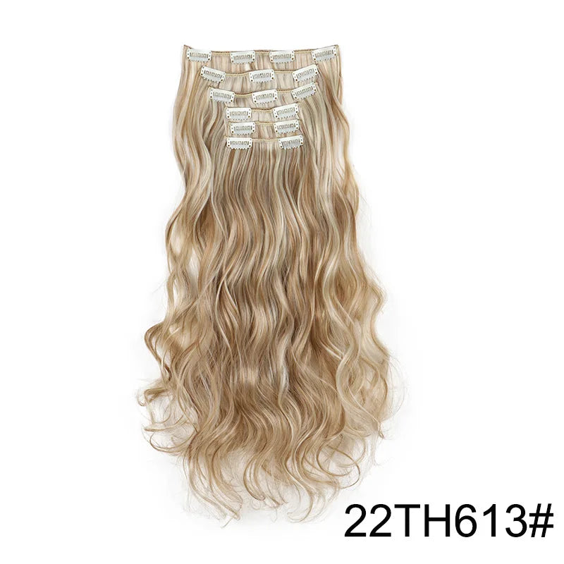 16Clips Synthetic 24Inch Long Curly Hair Hairpiece Heat Resistant Hair Extension Clips In Black Brown Blonde for Women