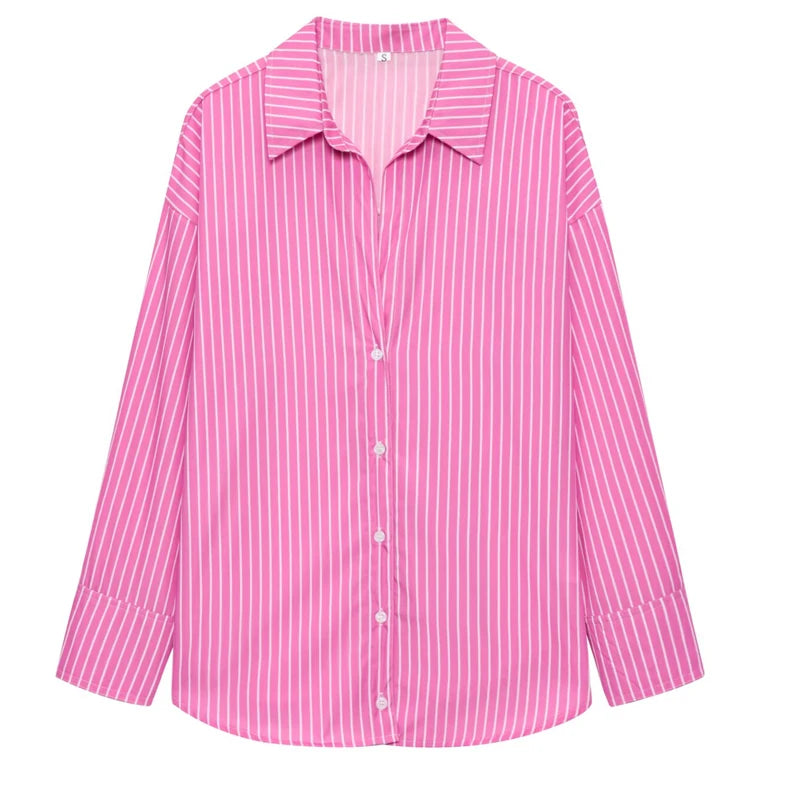 HXAO 2025 Shirts Blouses New Long Striped Shirt Women Long Sleeve Casual Shirts Large Tops Summer Plain Button Up Shirts 088