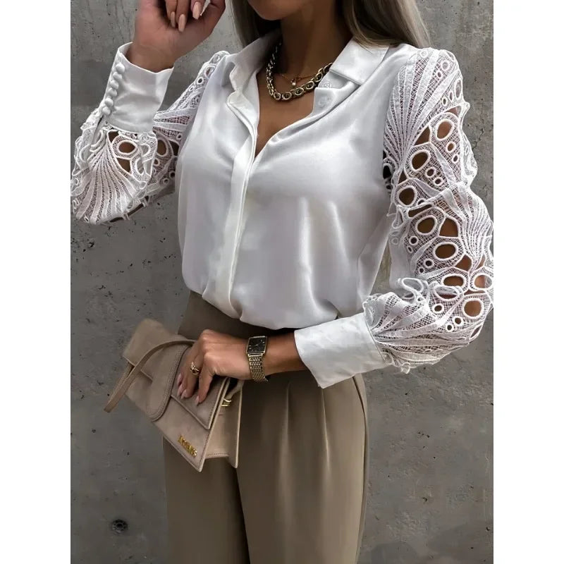 New Fashion Women's Commuter Casual Shirt Elegant Solid Color Lace Spliced Shirt Fashion Flip Collar Button Long Sleeved Shirt