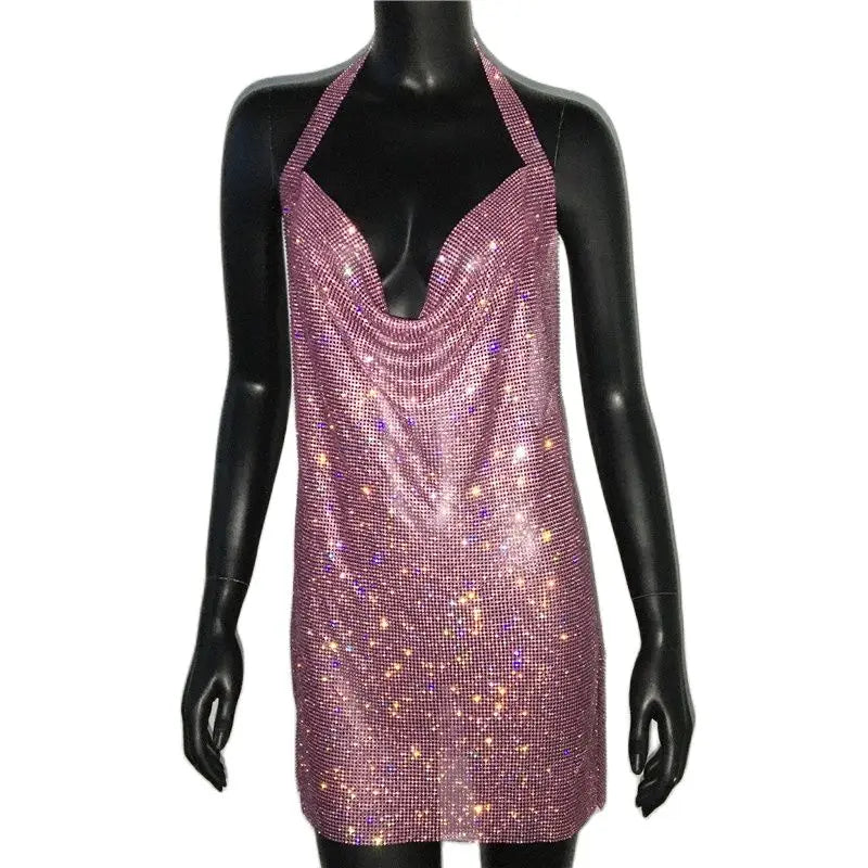 Bling Rhinestone Backless Dress Sexy Deep V Neck Sleeveless Side Split Halter Dress Nightclub Party Evening Dresses
