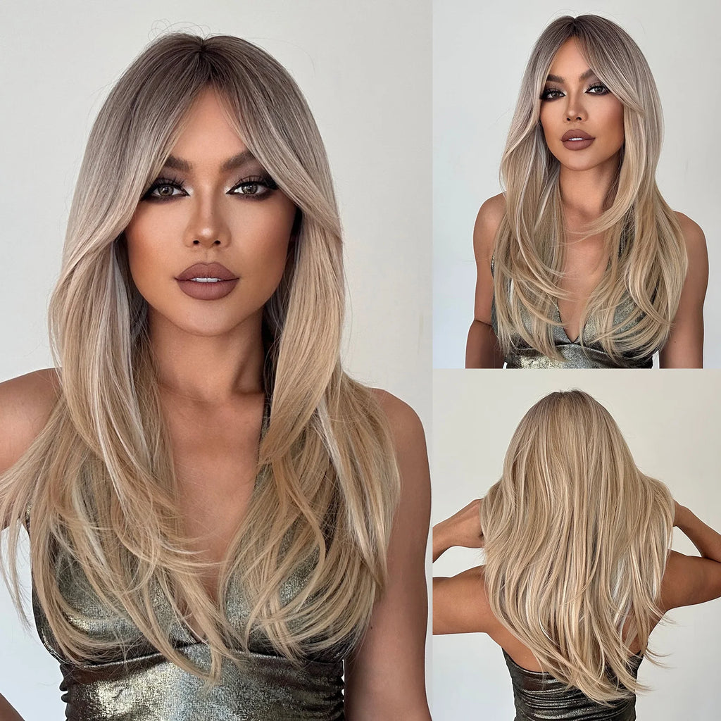 Long Straight Layered Synthetic Wig Blonde Platinum Highlight Wig with Bangs Daily Use Natural Hair Heat Resistant Wig for Women