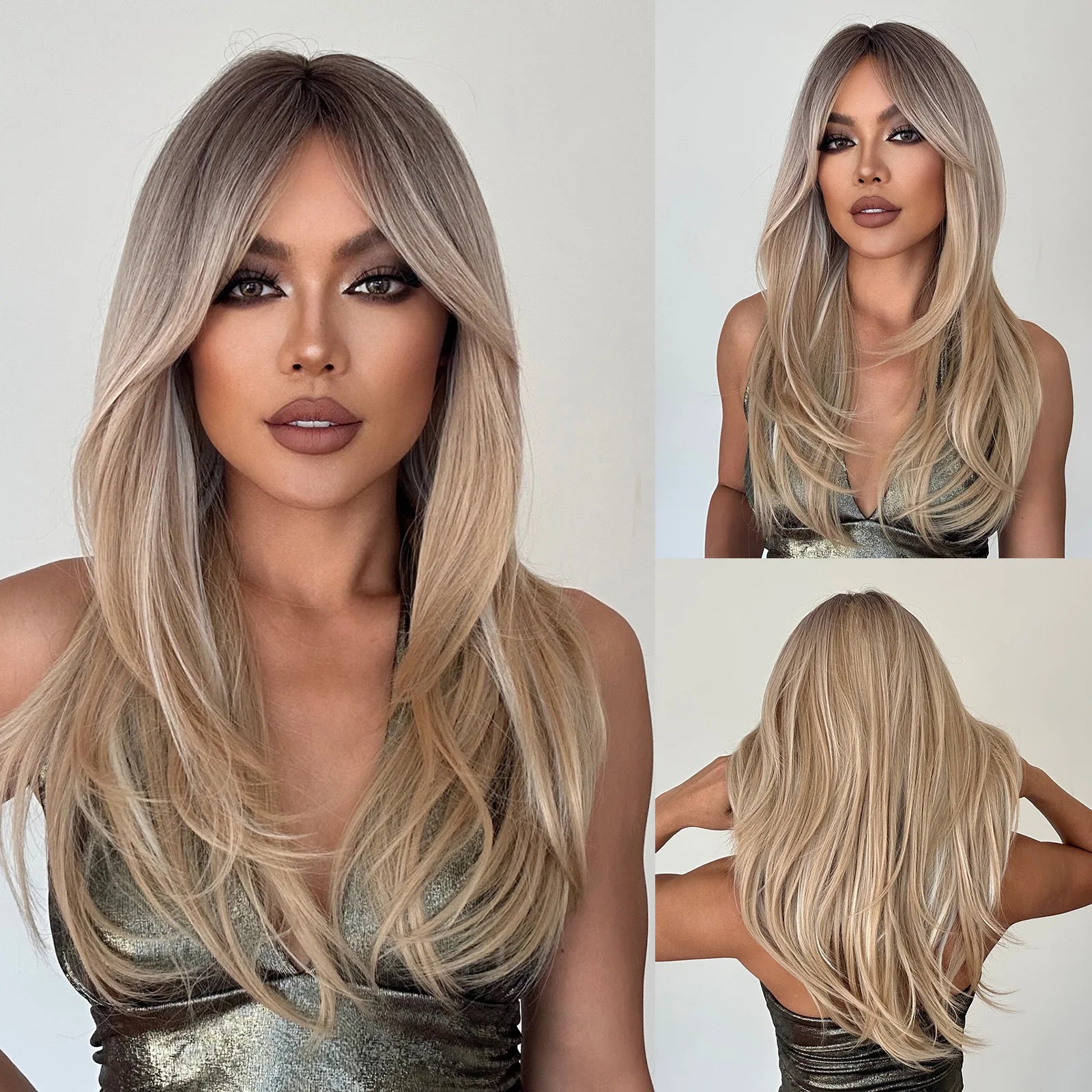 Long Straight Layered Synthetic Wig Blonde Platinum Highlight Wig with Bangs Daily Use Natural Hair Heat Resistant Wig for Women