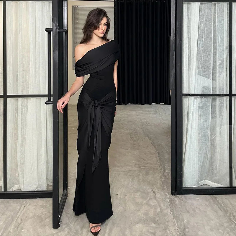 New Party Evening Dresses Elegant Black Slash Neck Maxi Dress For Women Fashion Short Sleeve Bodycon Banquet Vestidos Female