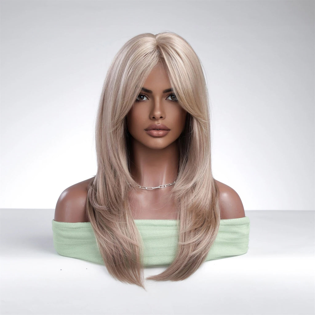 Element Synthetic Fiber Wigs for Women Long Straight Wavy Brown Blonde Wig with Bangs Heat Resistant Fashion Natural Daily Party