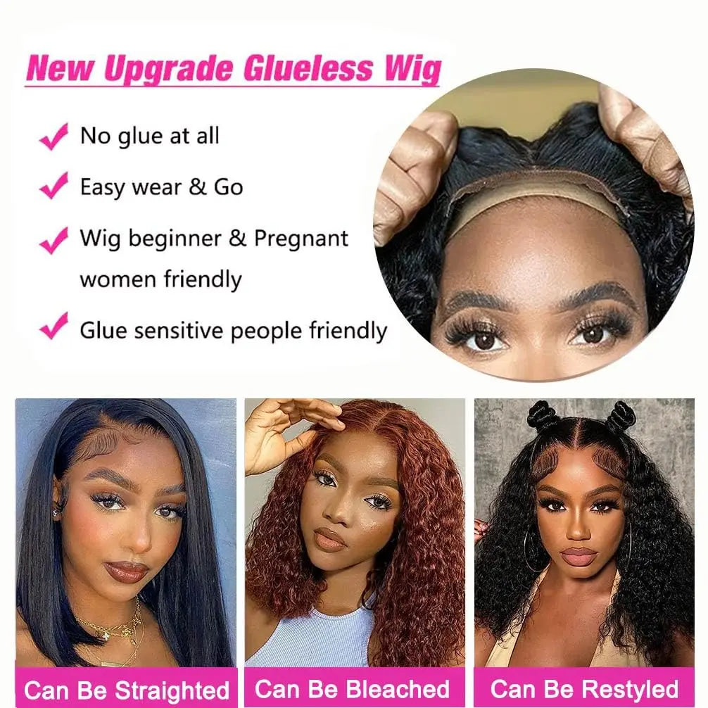 Short Bob Glueless Wigs Deep Wave Glueless Human Hair Ready To Wear 180% Pre Cut Lace 4x4 13x4 Culry Lace Front Human Hair Black