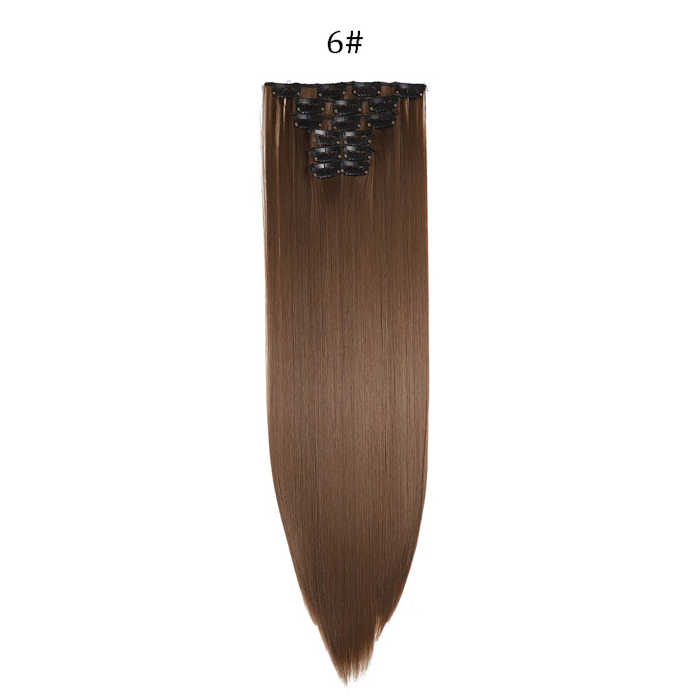 24 inches Synthetic Long Straight Hairstyle 16 Clips 6Pcs/Set Hair Extensions Blonde Black Hairpieces Heat Resistant For Women