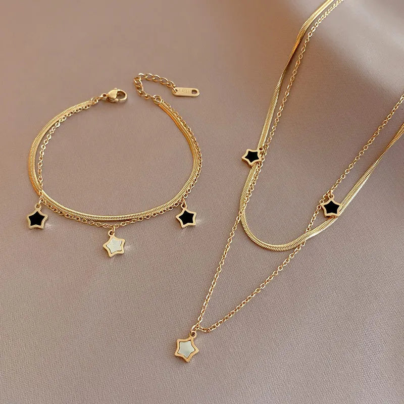 DIEYURO 316L Stainless Steel Multilayer Chain Star Charm Necklace Bracelet For Women New Trend Jewelry Set Girls Party Gifts
