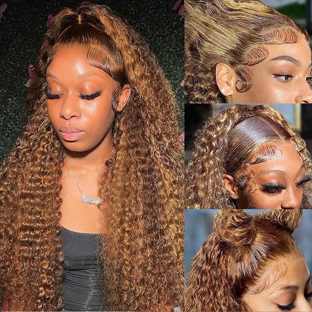 Deep Wave 30 Inch Invisible Strap 360 Full Lace Front Wig Honey Blonde Highlight Deep Curly Frontal Wig Glueless Wig Human Hair