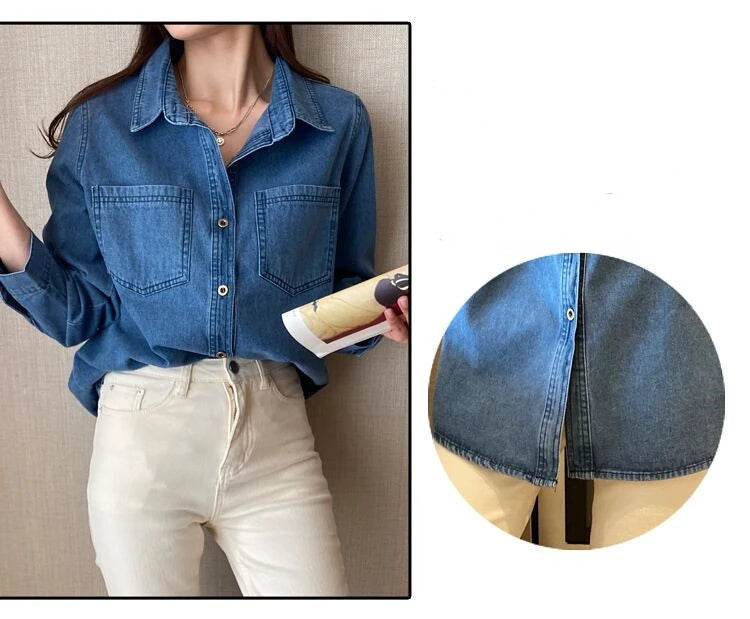 Retro Blue Shirt Denim Shirt for Women Autumn 2025 New Design Shirts Long Sleeved Solid Single Breasted Jeans Jacket for Women