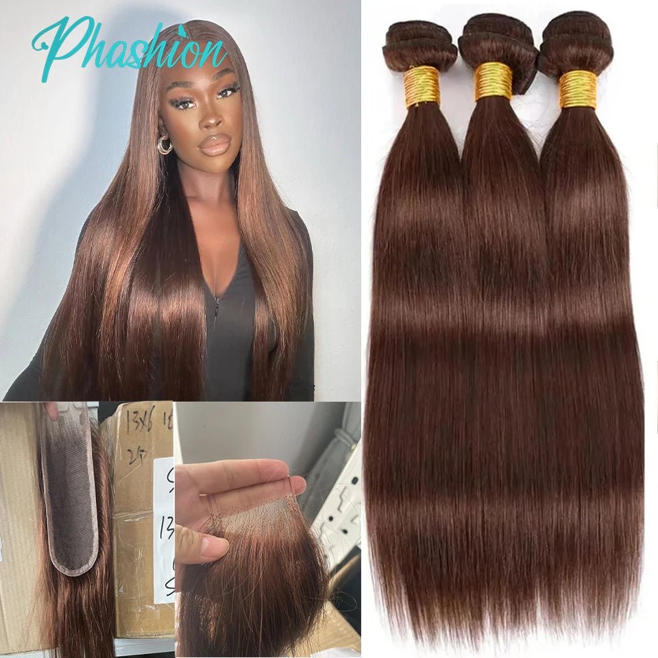 Phashion #4 Chocolate Brown  Straight Bundles Weave With 2x6 Lace Closure Human Hair Colored 100% Remy Brazilian Hair Extensions